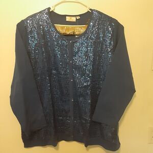 Quaker Factory Womens 3X XXXL Blue Long Sleeve Sequin Top Shirt